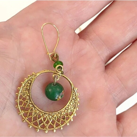 Gatsby 1920's Earrings Filigree Crescent Hoop Earrings with Bead Drops Gold - Picture 8 of 9